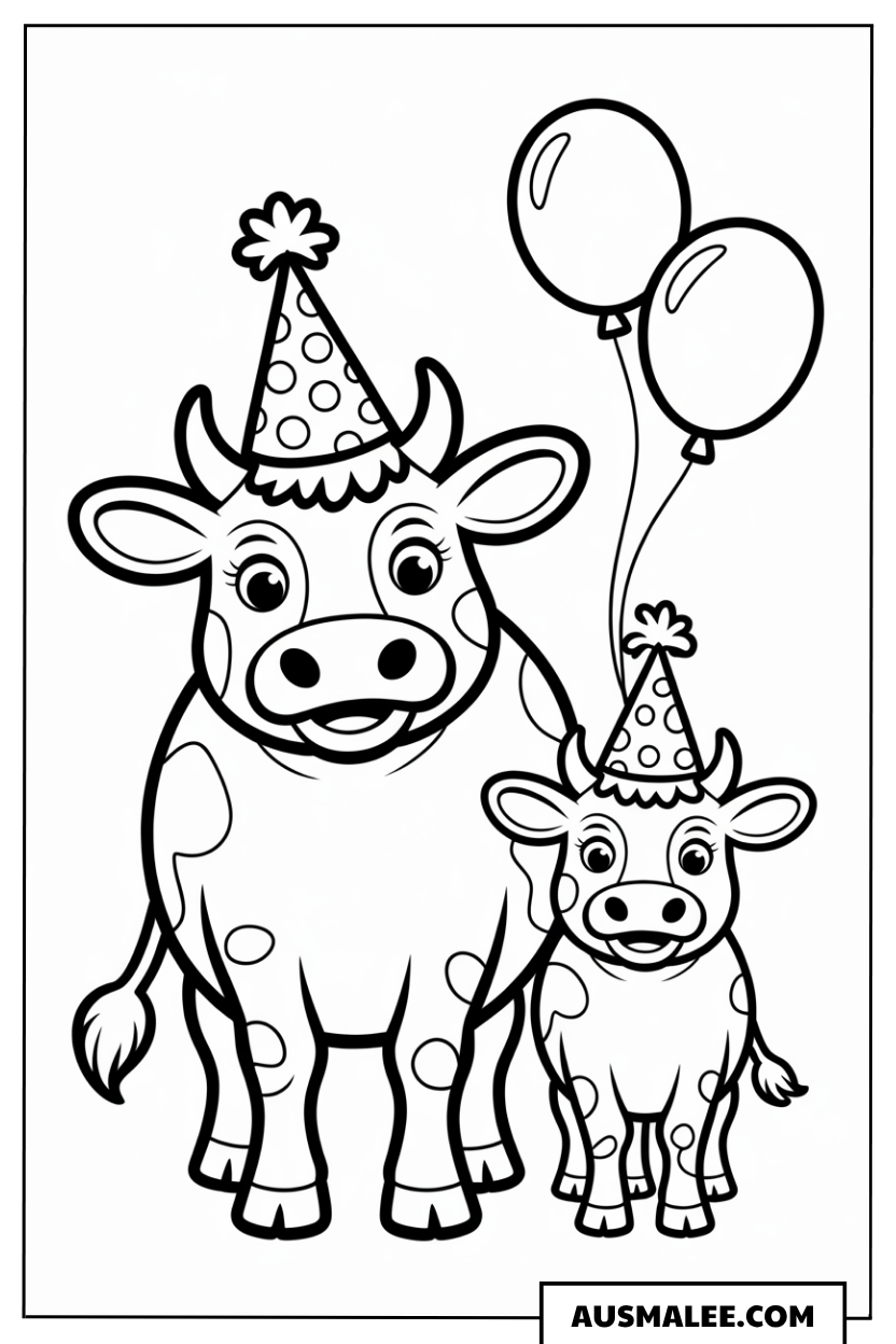 Party Kuh mit Kalb Ausmalbild
