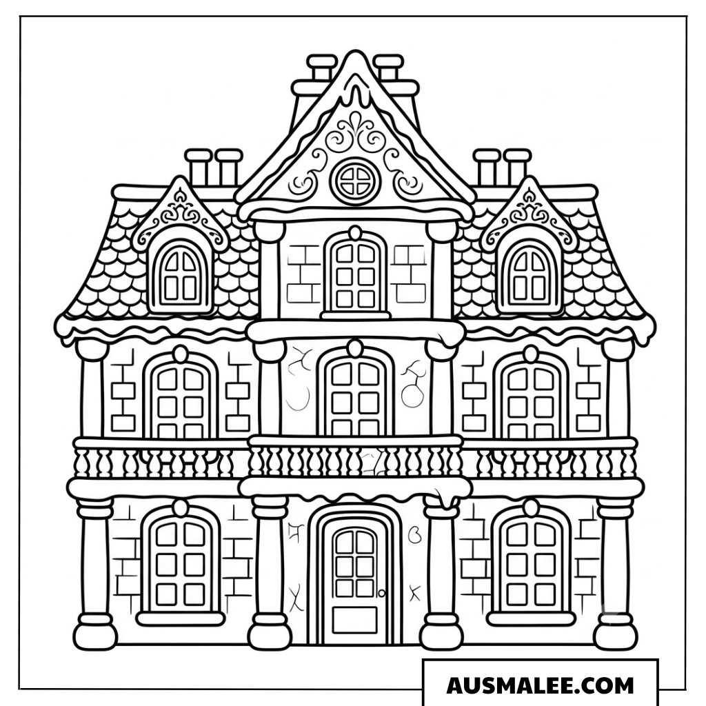 Prächtiges mehrstöckiges Lebkuchenhaus Ausmalbild