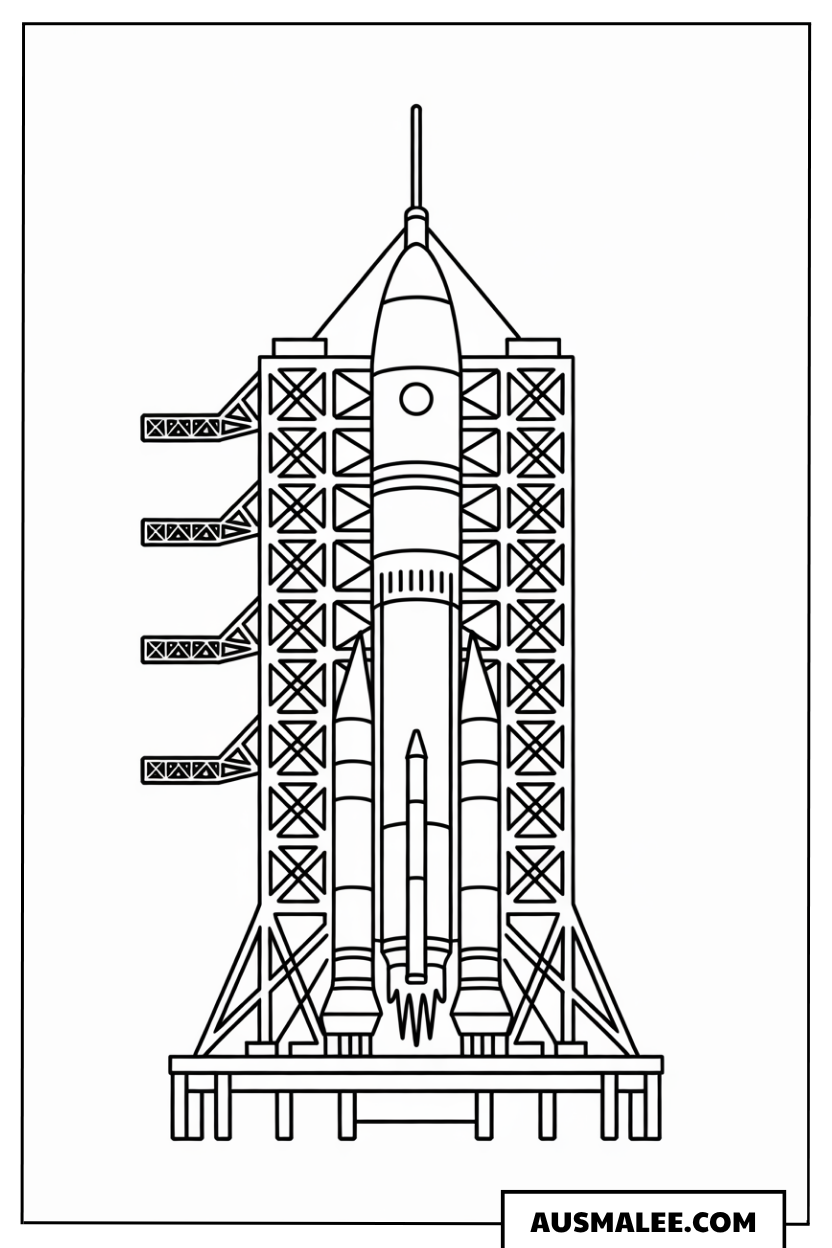 Rakete am Startturm Ausmalbild
