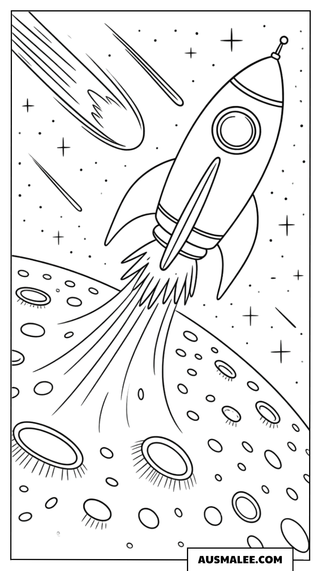 Rakete durch Asteroidenfeld Ausmalbild