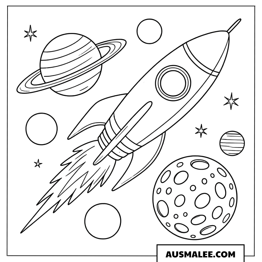 Rakete fliegt durch Planeten Ausmalbild
