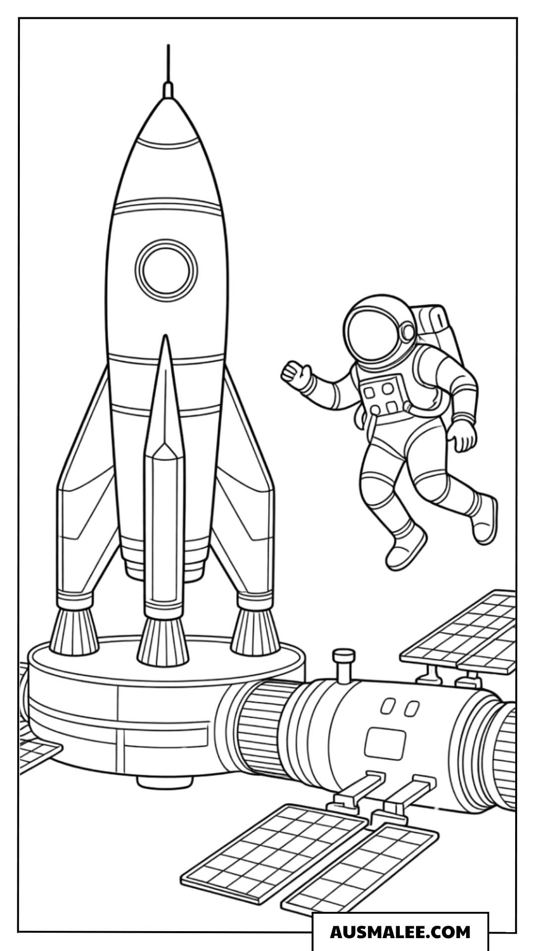 Rakete mit Astronaut auf Plattform Ausmalbild