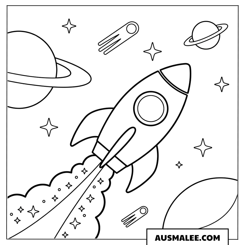 Rakete mit Komet und Planeten Ausmalbild