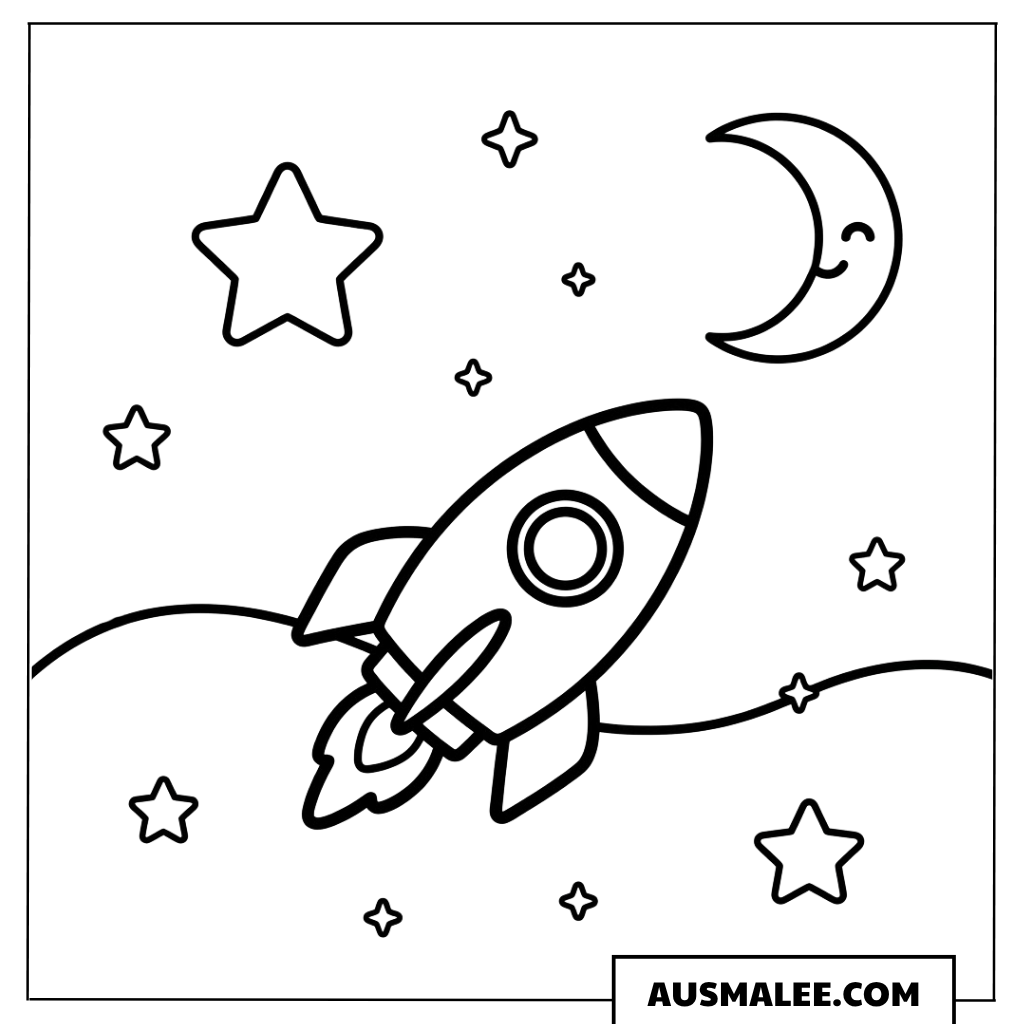 Rakete mit Mond und Sternen Ausmalbild