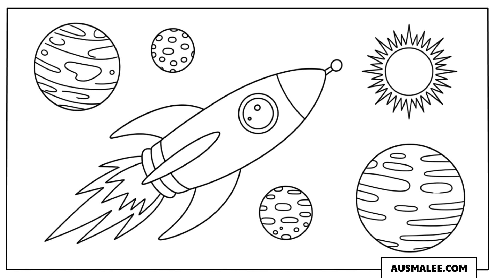 Rakete mit Planeten und Sonne Ausmalbild