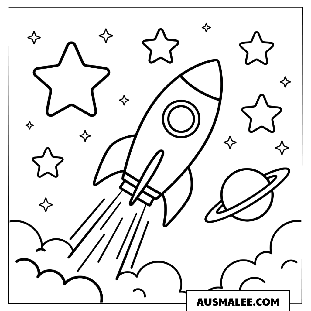 Rakete mit Sternen und Planeten Ausmalbild