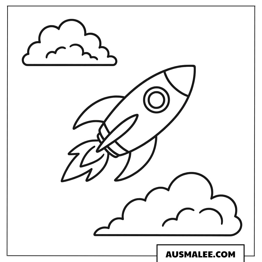 Rakete mit Wolken Ausmalbild