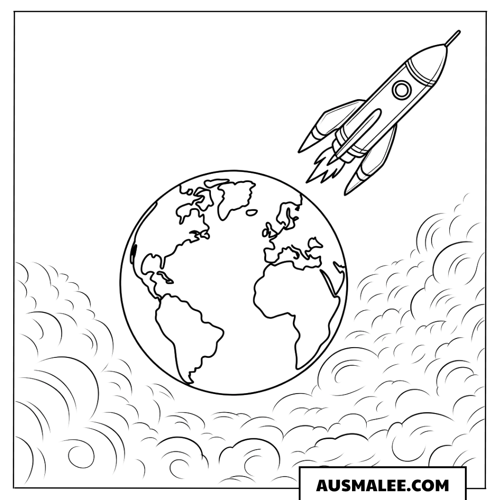 Rakete neben der Erde Ausmalbild