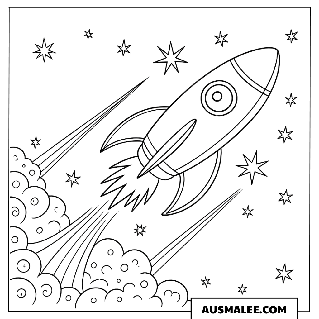 Raketenstart mit Asteroiden Ausmalbild