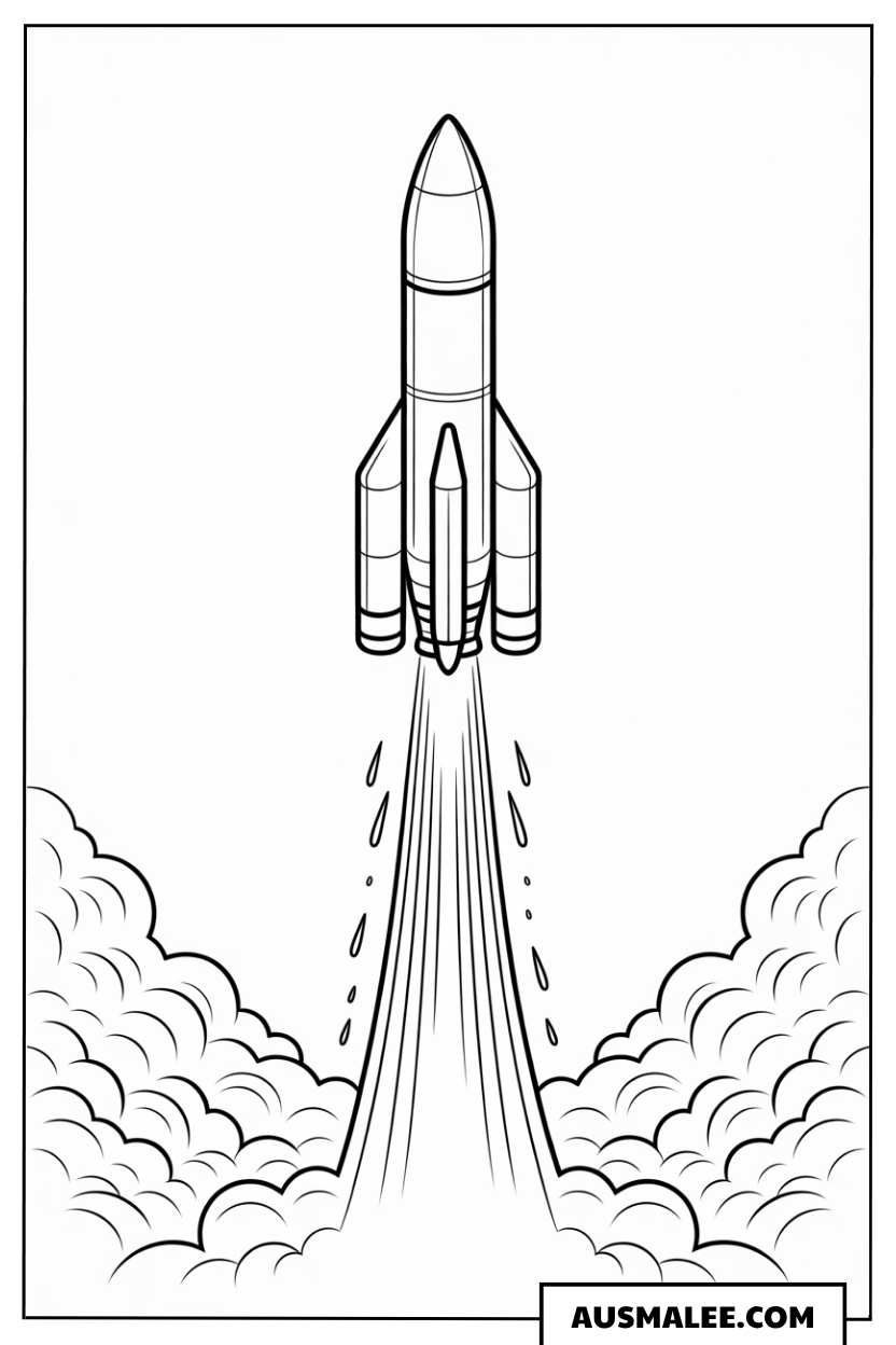 Raketenstart mit Flammen Ausmalbild