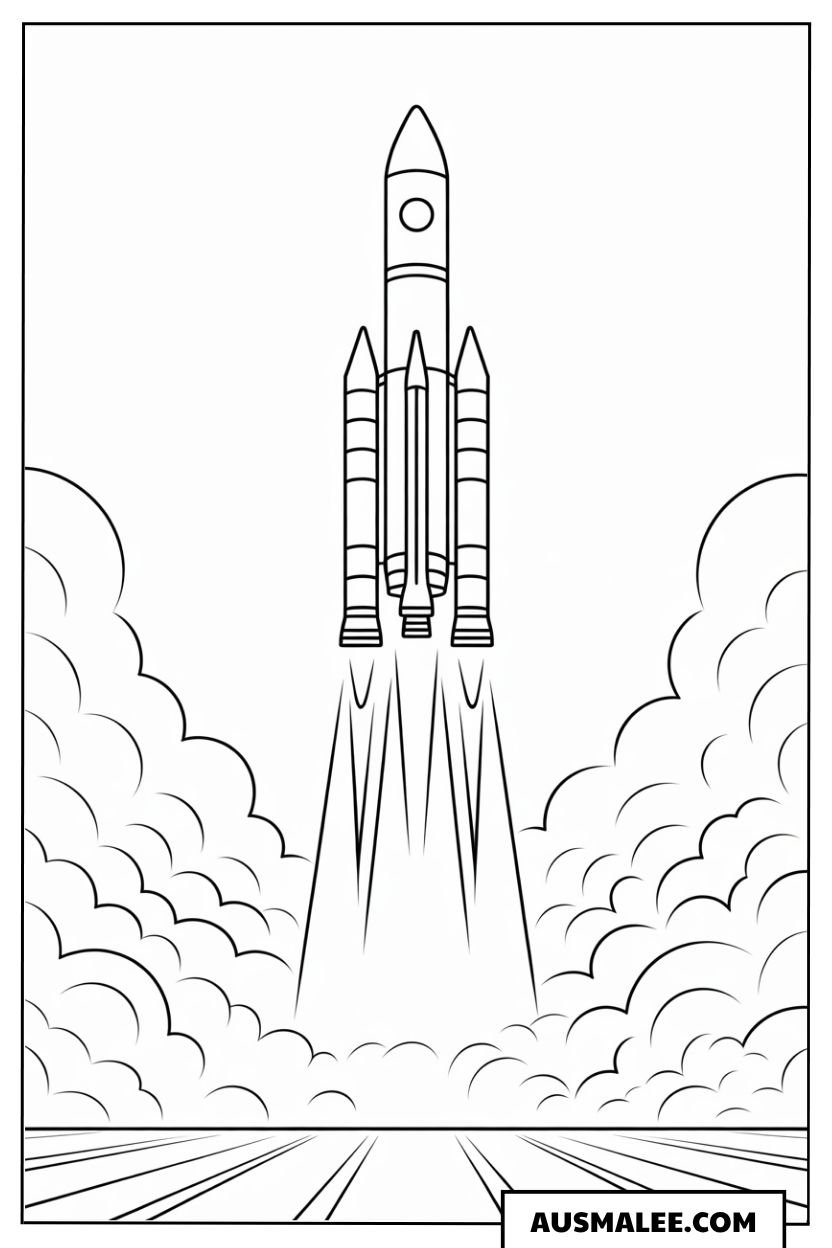 Raketenstart mit Wolken Ausmalbild