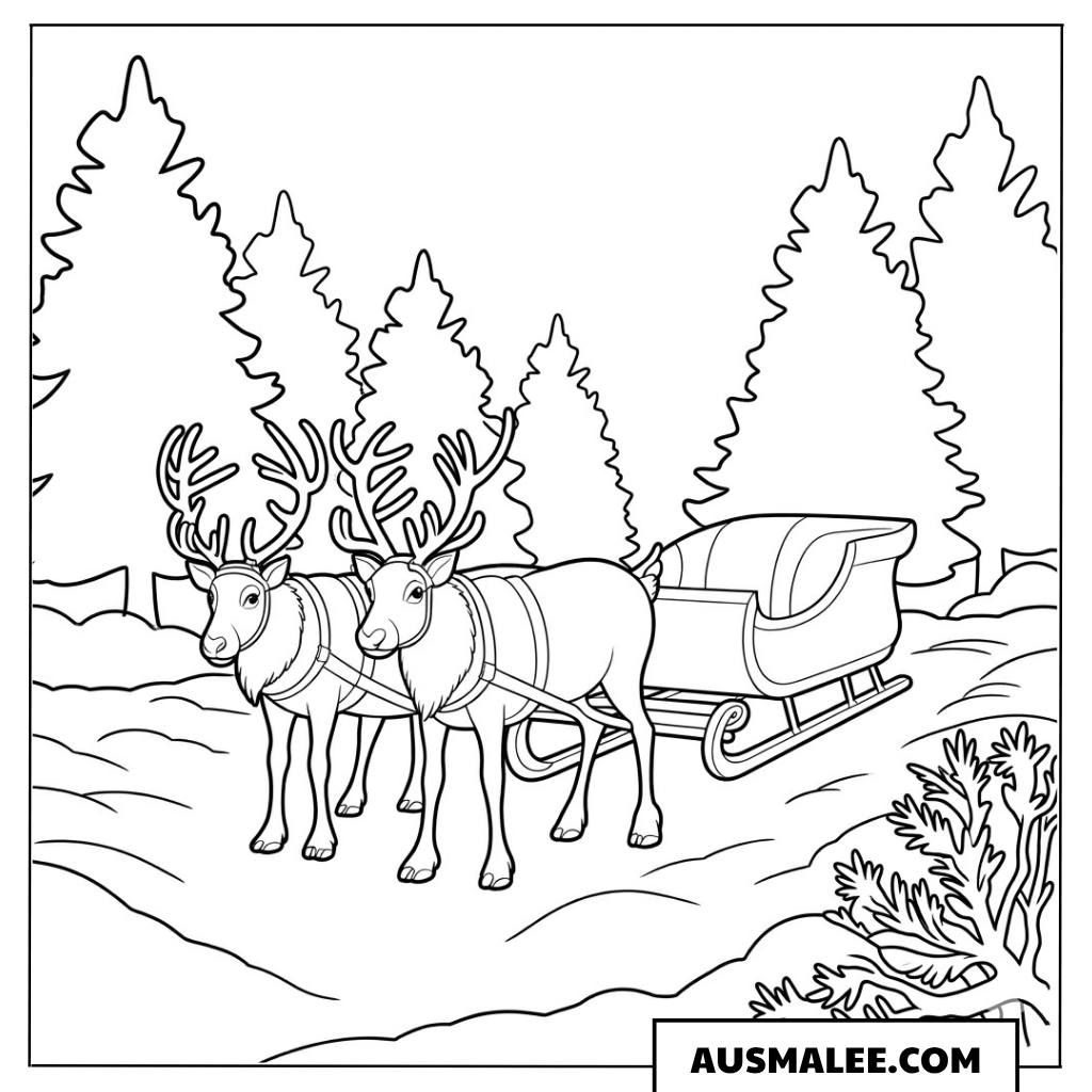 Rentier-Gespann in der Winterlandschaft ausmalbild