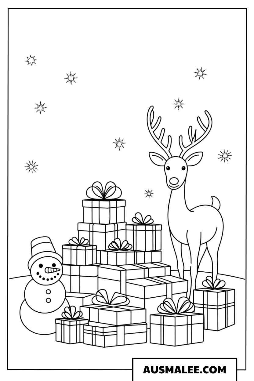 Rentier mit Geschenken und Schneemann ausmalbild