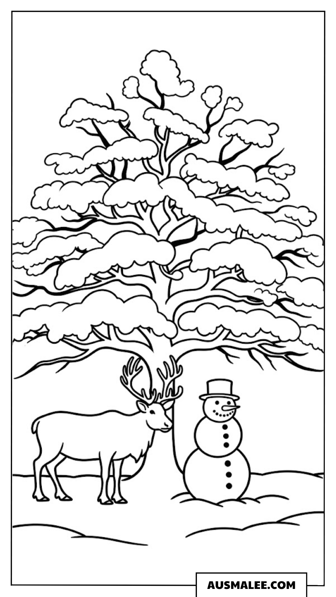 Rentier und Schneemann am Weihnachtsbaum ausmalbild