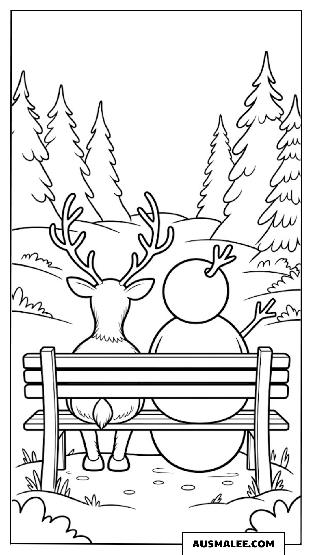 Rentier und Schneemann auf der Bank ausmalbild