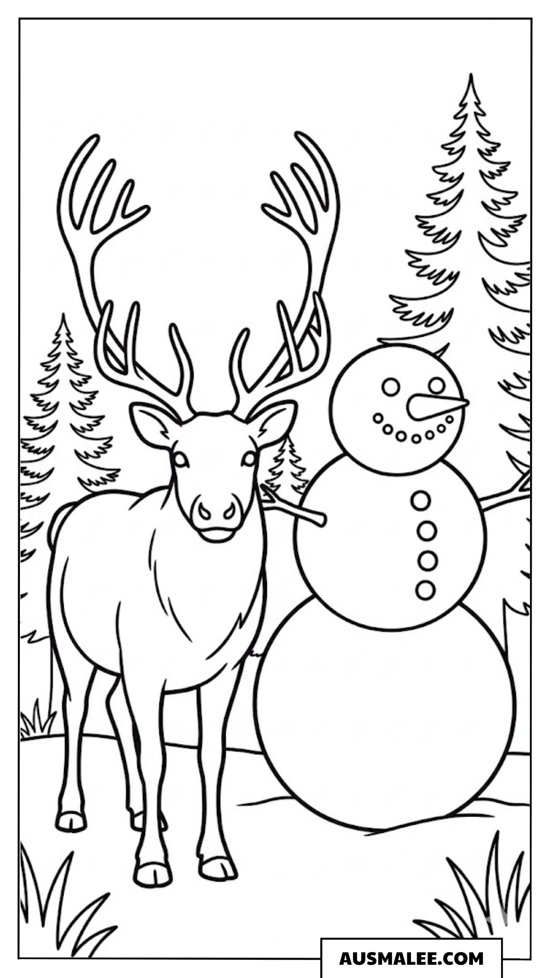 Rentier und Schneemann im Wald ausmalbild