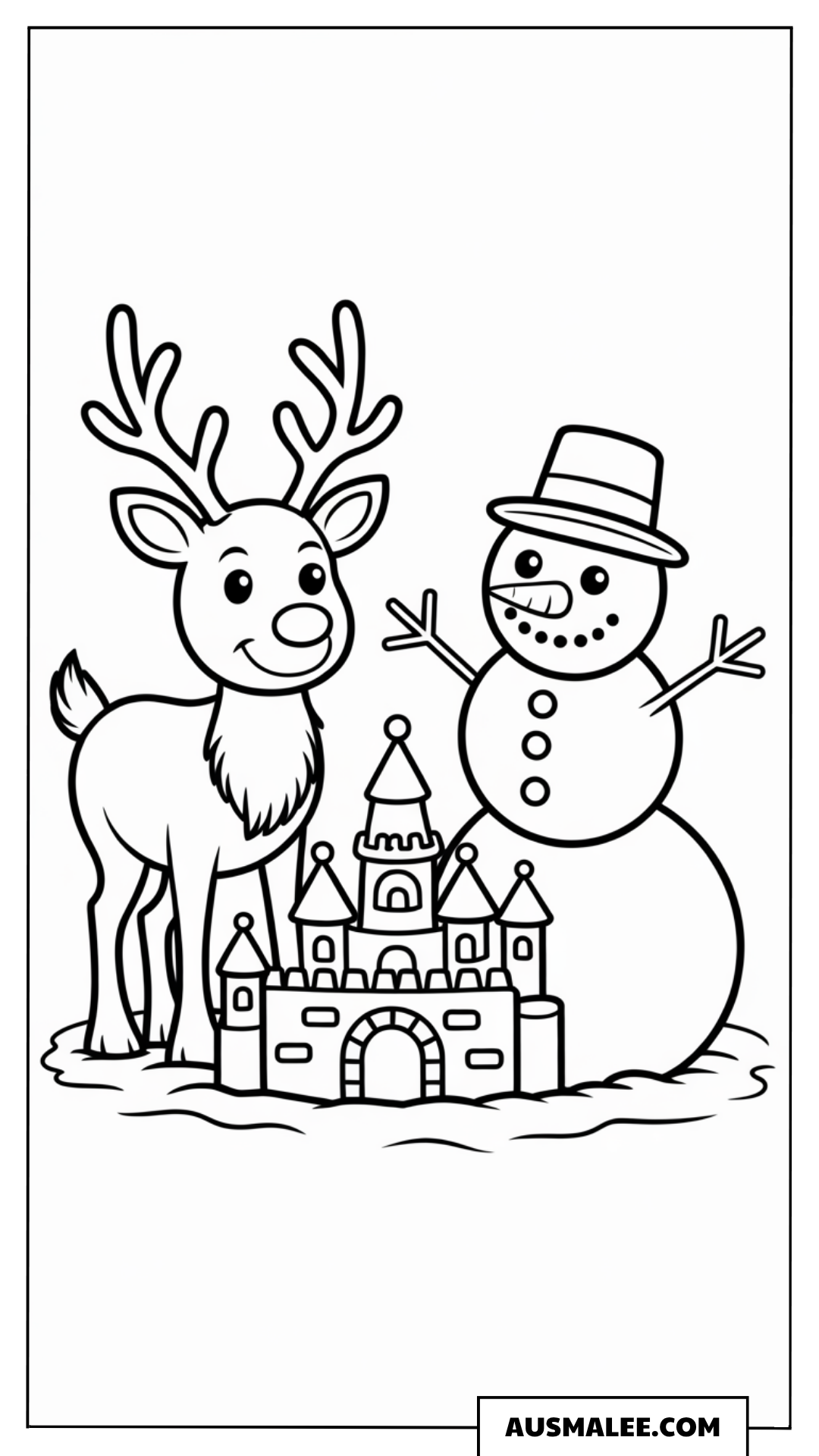 Rentier und Schneemann mit Sandburg ausmalbild