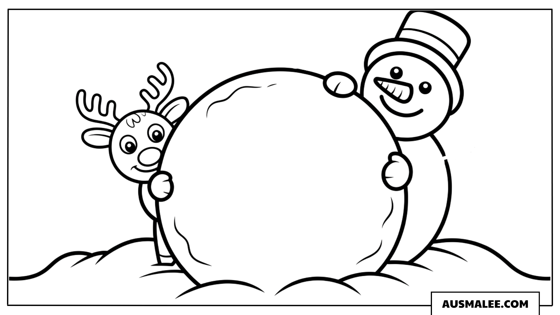 Rentier und Schneemann rollen einen Schneeball ausmalbild