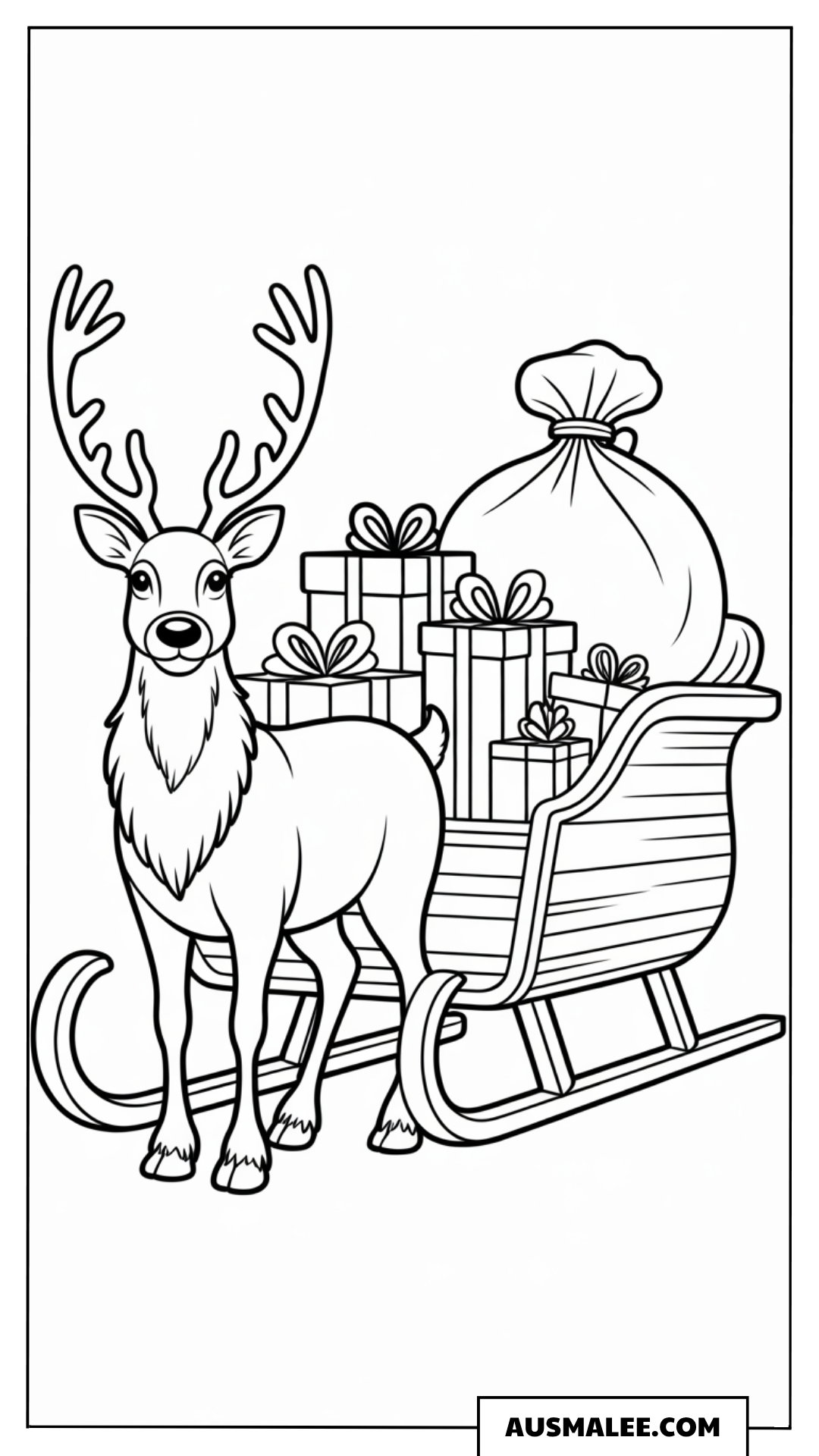 Rentier vor dem Weihnachtsschlitten ausmalbild