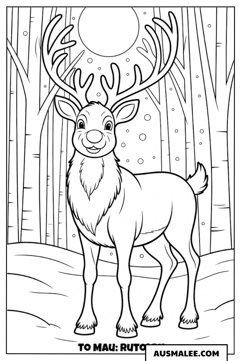 Rudolph im verschneiten Wald ausmalbild