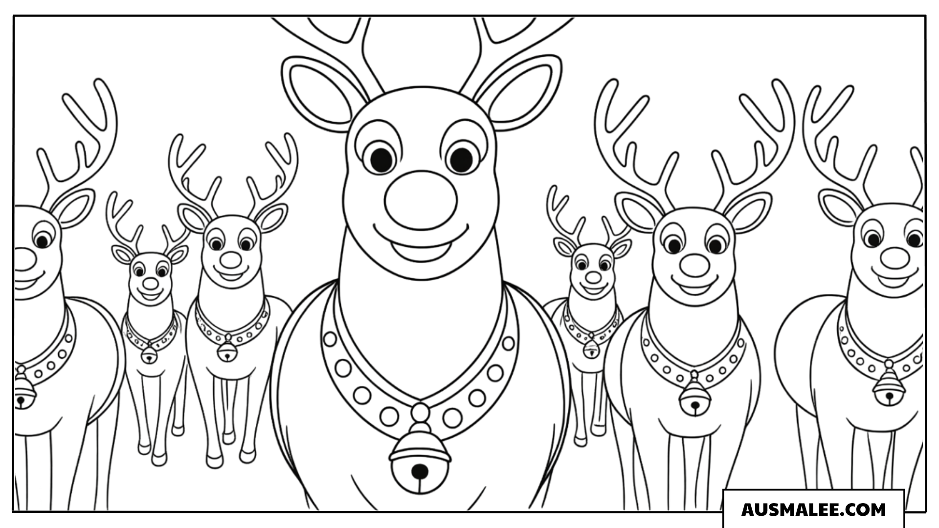 Rudolph mit seinem Rentier-Team ausmalbild