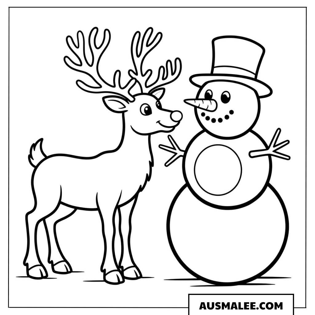 Rudolph und eleganter Schneemann ausmalbild