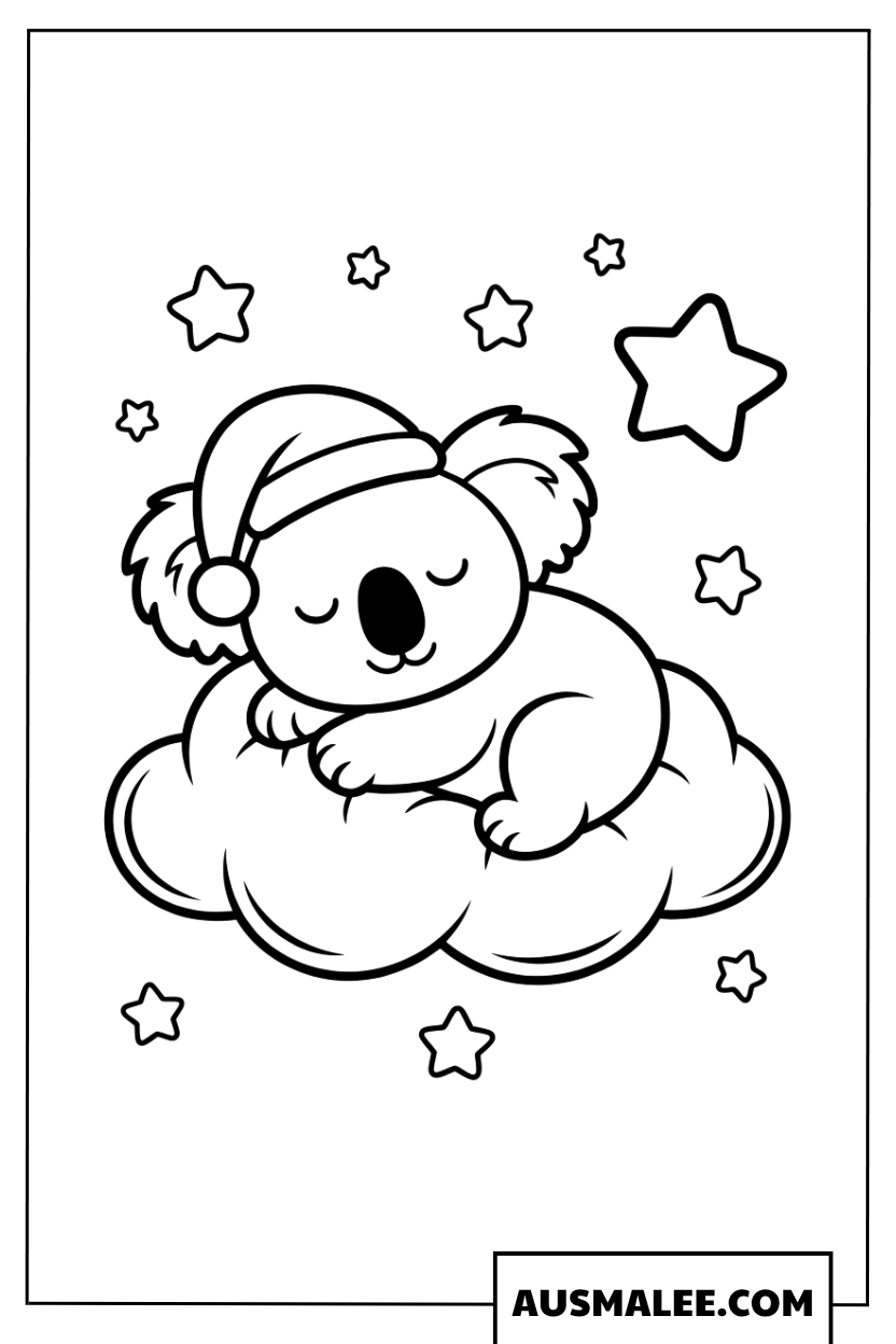 Schlafender Koala zwischen Sternen Ausmalbild