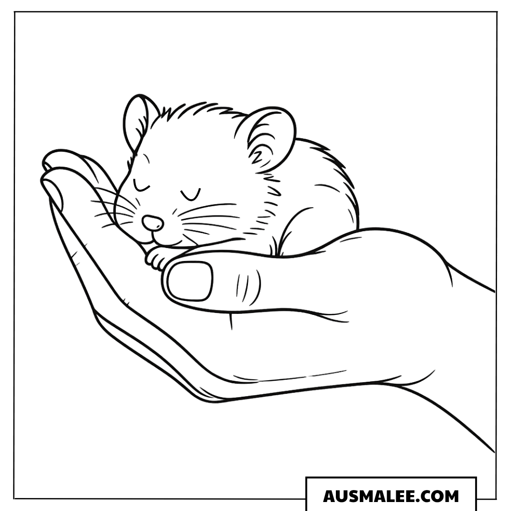 Schlafendes Hamster-Baby in der Hand Ausmalbild
