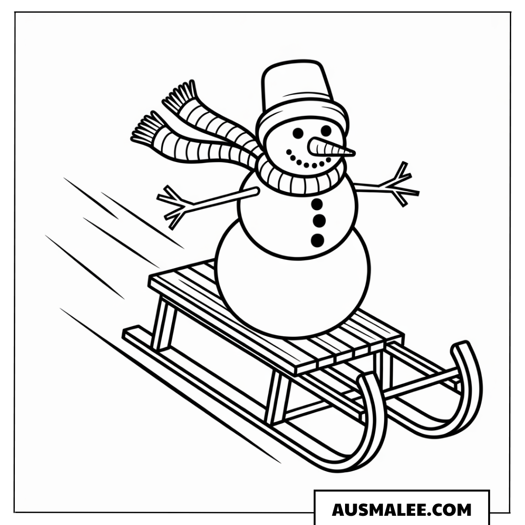 Schneemann auf dem Schlitten ausmalbild