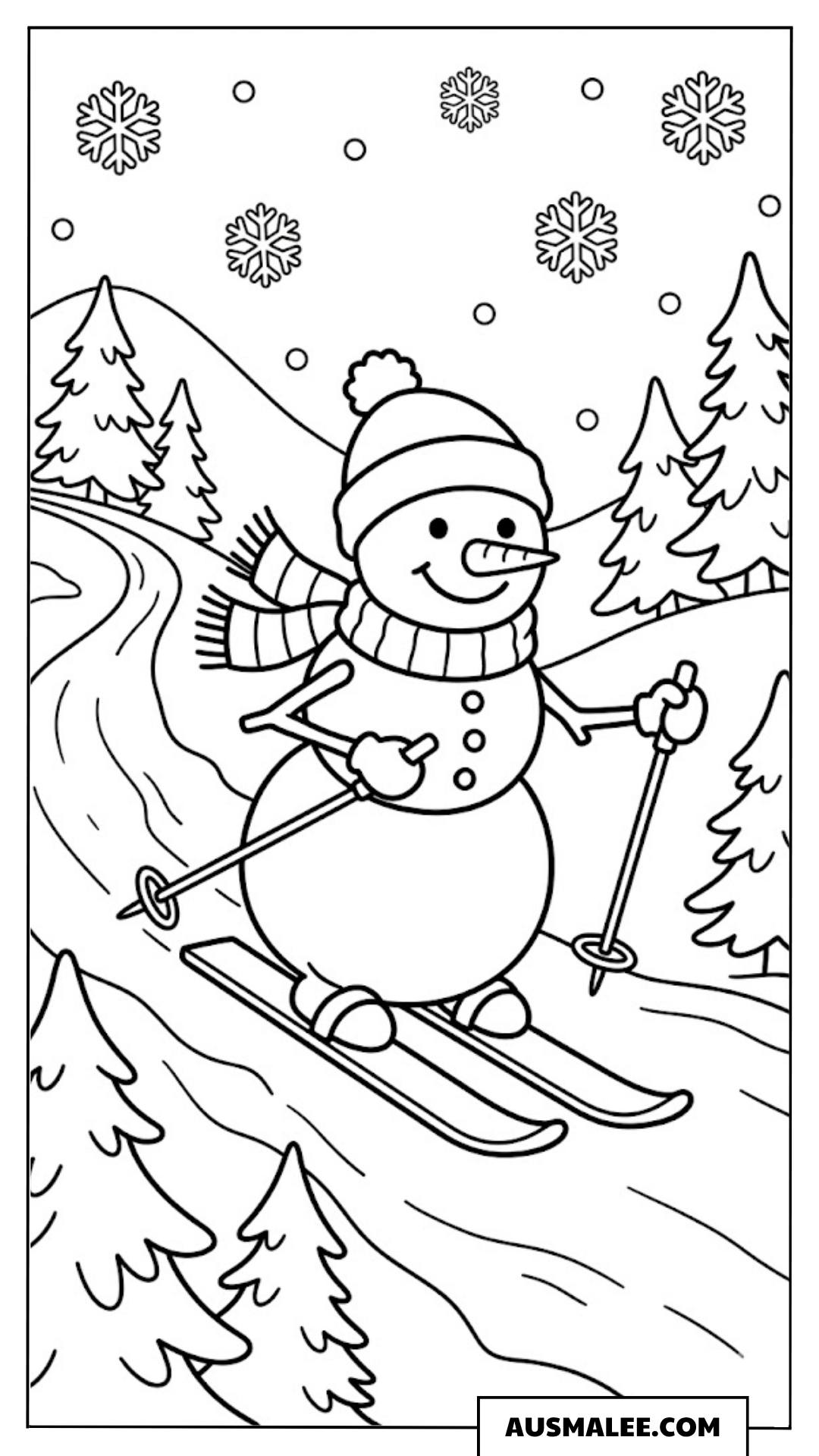 Schneemann beim Skifahren ausmalbild