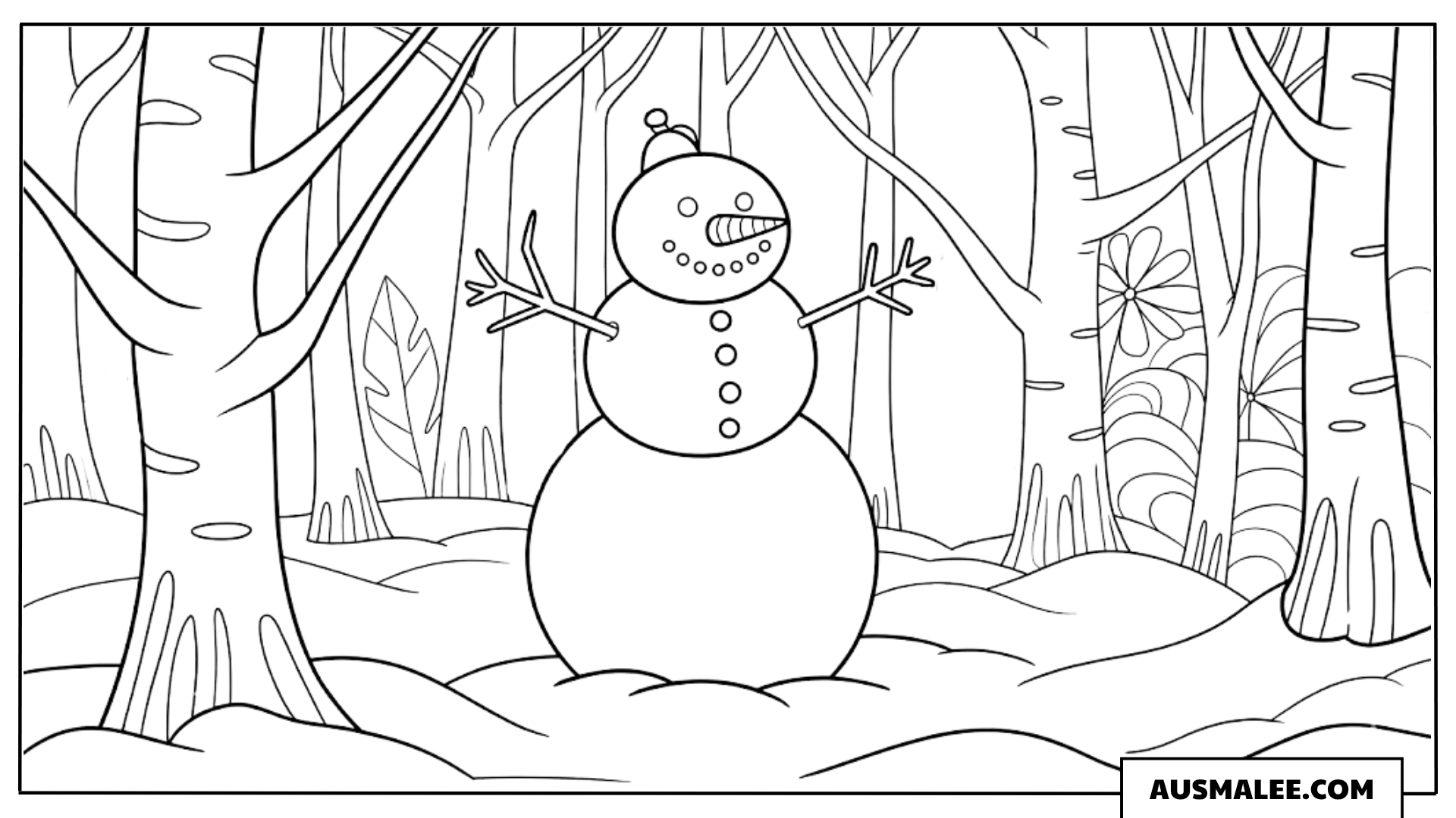 Schneemann im verschneiten Wald ausmalbild