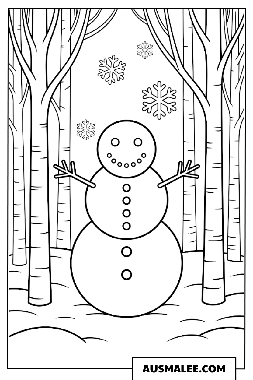Schneemann im verschneiten Wald ausmalbild
