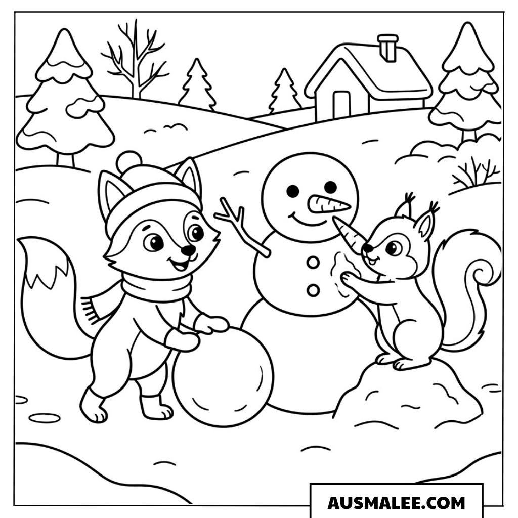 Schneemann mit Fuchs und Eichhörnchen ausmalbild