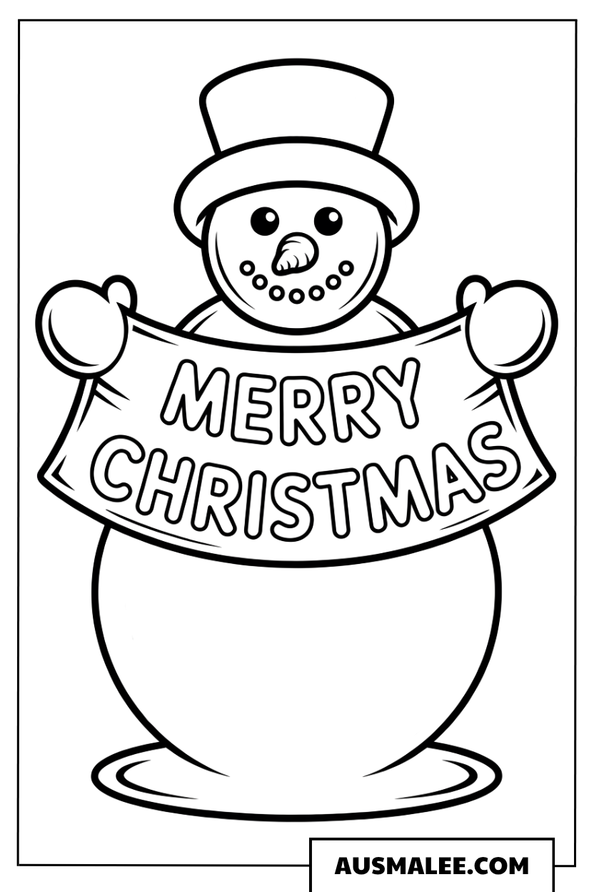 Schneemann mit Merry Christmas Schild ausmalbild