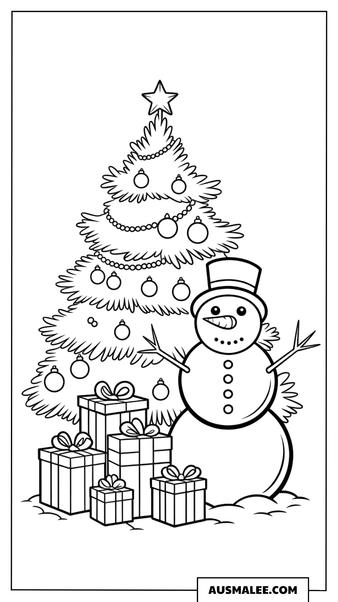 Schneemann mit Weihnachtsbaum ausmalbild