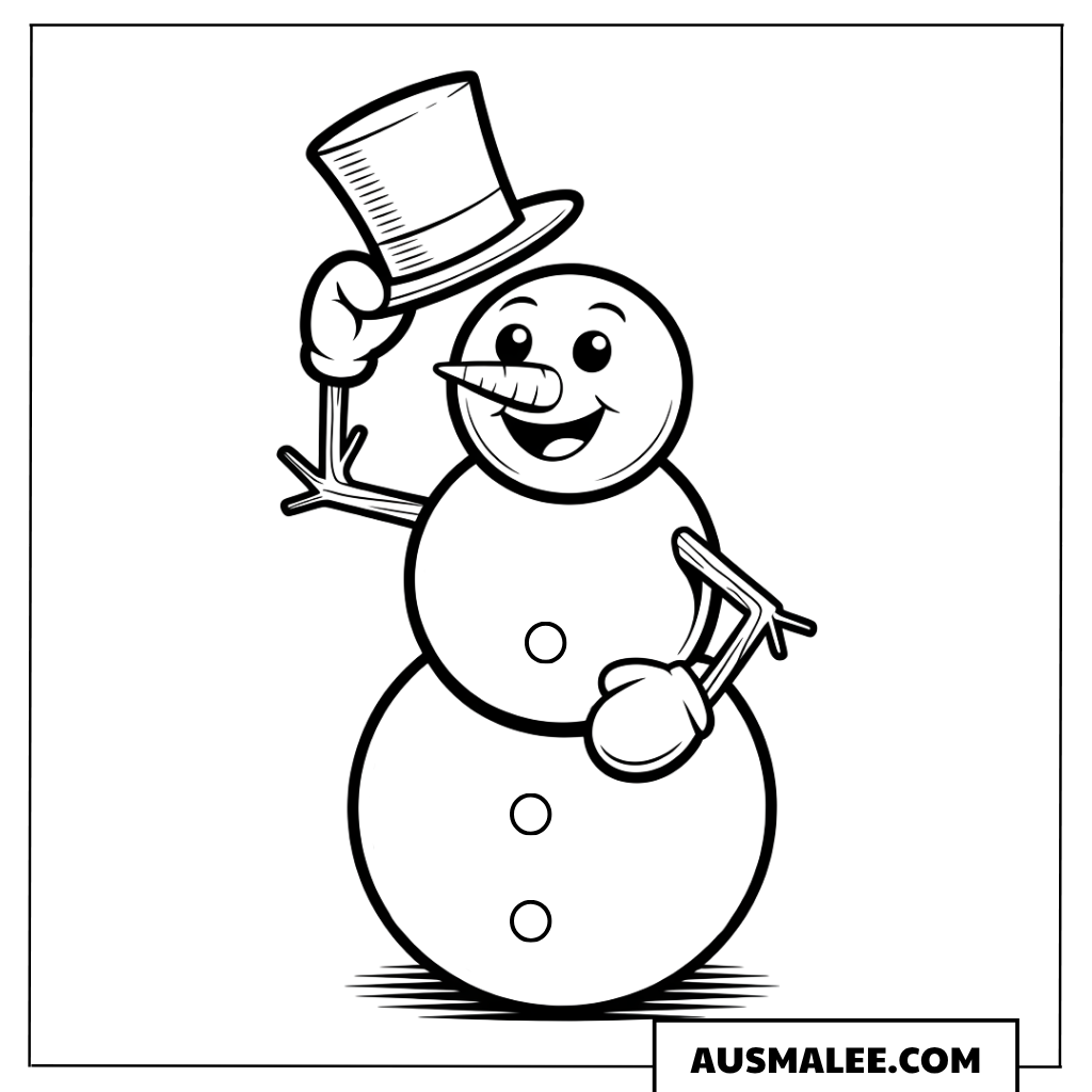 Schneemann mit Zylinder und Besen ausmalbild