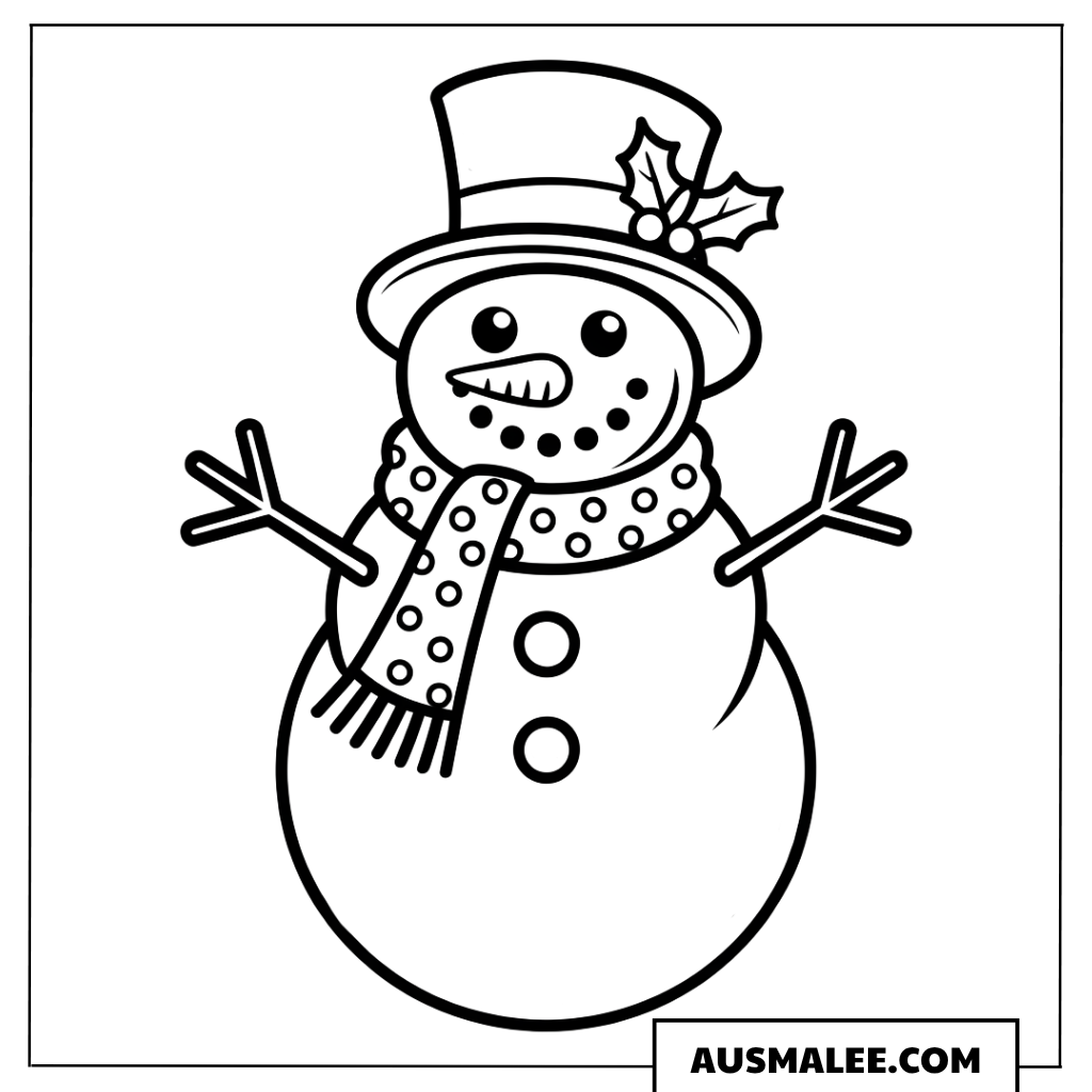 Schneemann mit Zylinder und Stechpalme ausmalbild