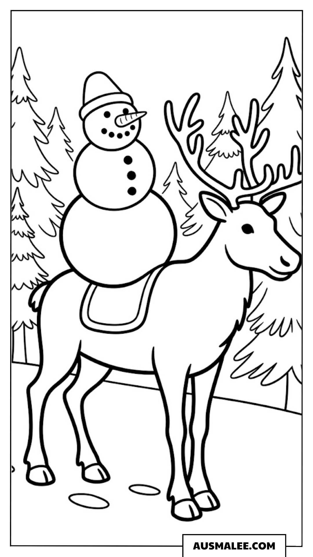 Schneemann reitet auf Rentier ausmalbild