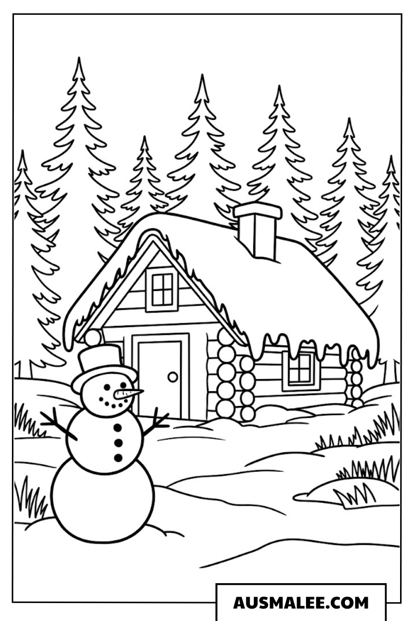 Schneemann vor der Waldhütte ausmalbild