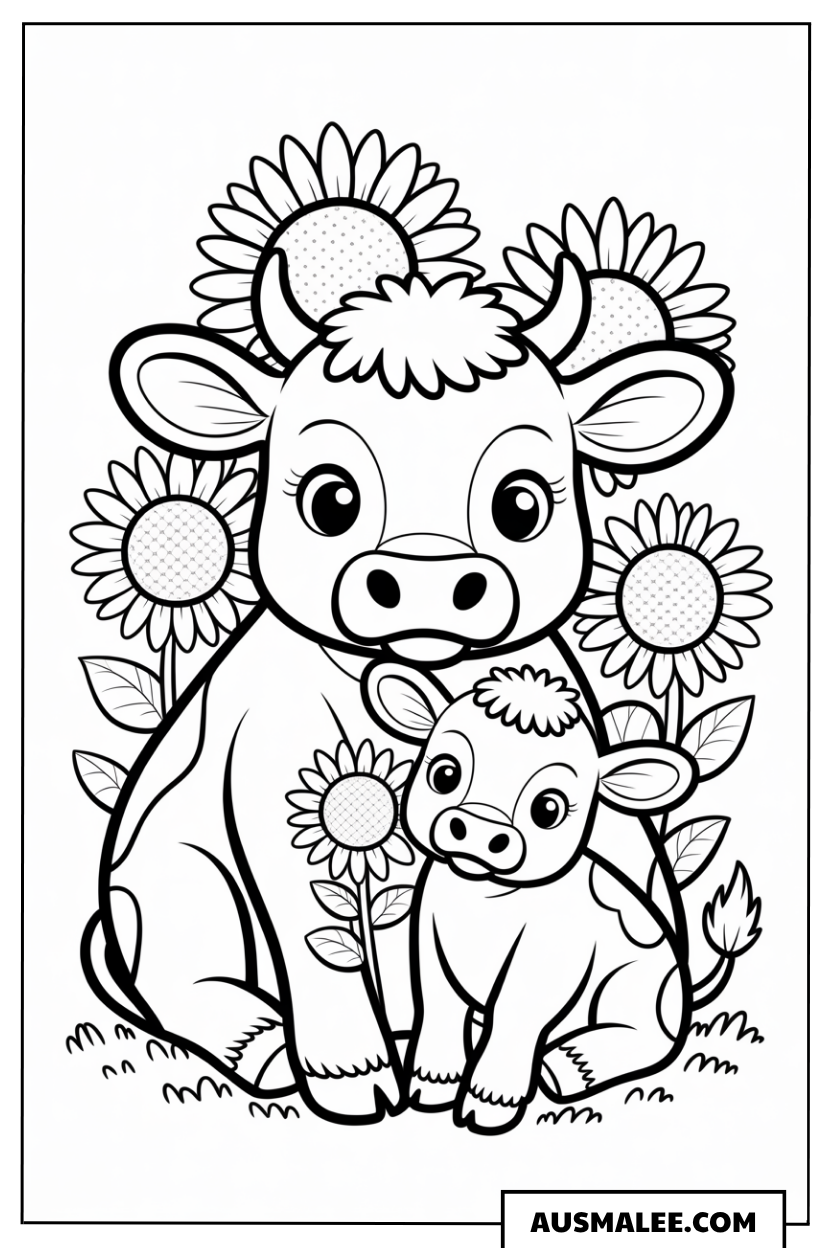 Sonnenblumen Kuhfamilie Ausmalbild