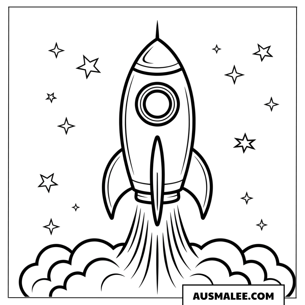 Startende Rakete mit Wolken Ausmalbild