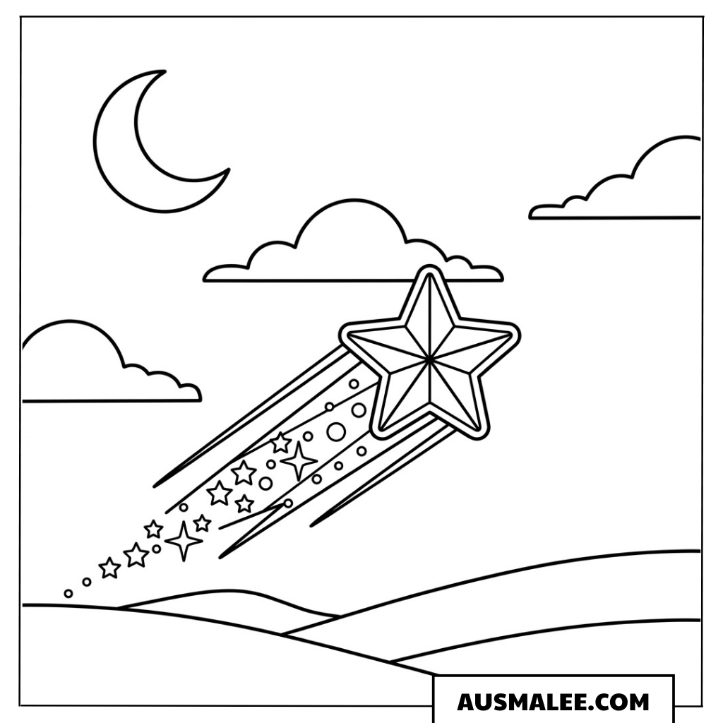 Sternschnuppe am Mondhimmel Ausmalbild