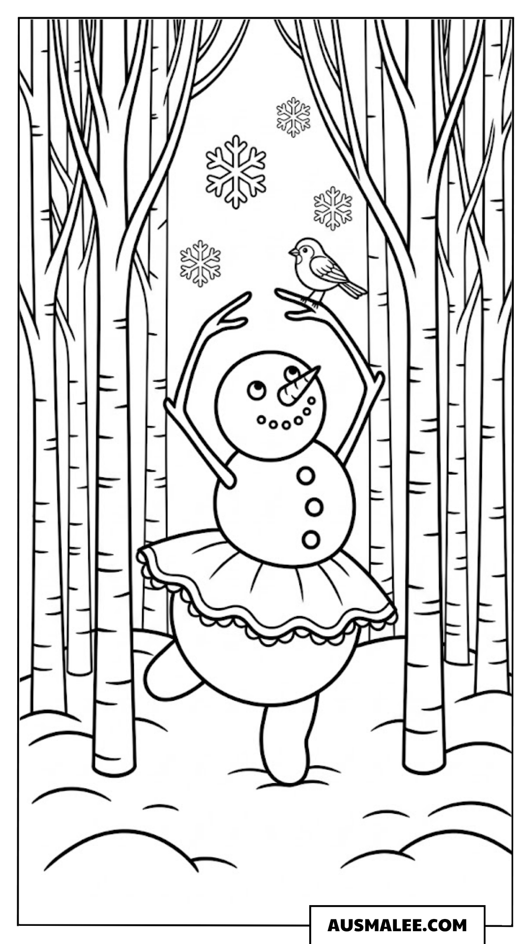 Tanzender Schneemann im Wald ausmalbild