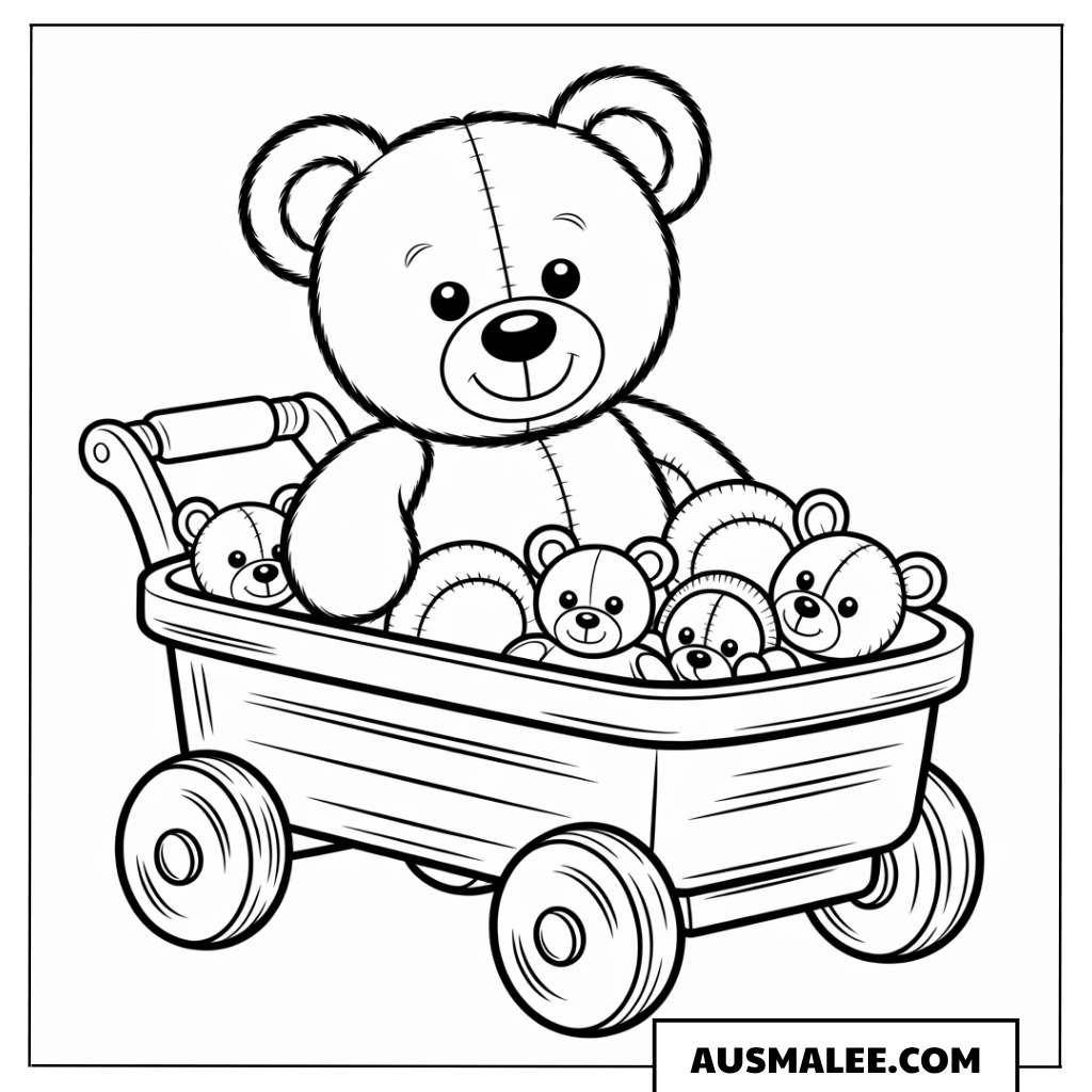 Teddybär im Bollerwagen ausmalbild