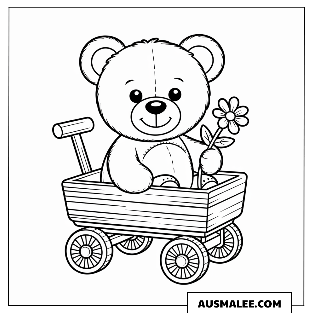 Teddybär im Bollerwagen ausmalbild