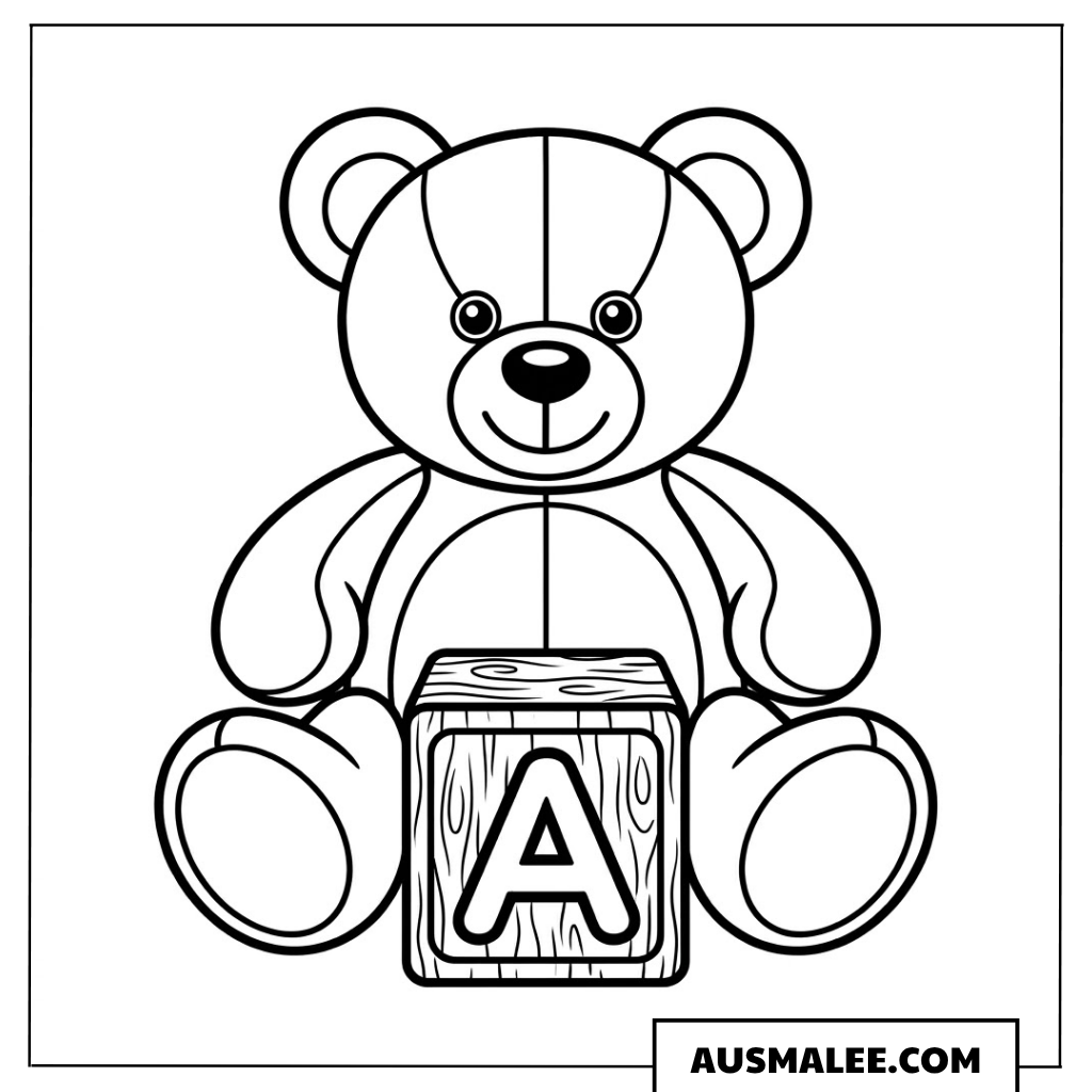 Teddybär mit Bauklotz ausmalbild