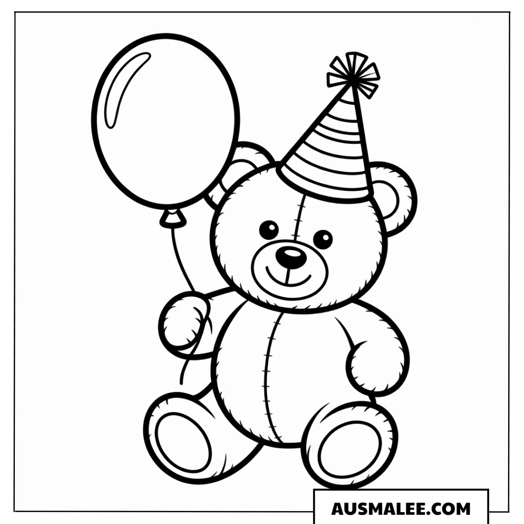 Teddybär mit Partyhut und Ballon ausmalbild