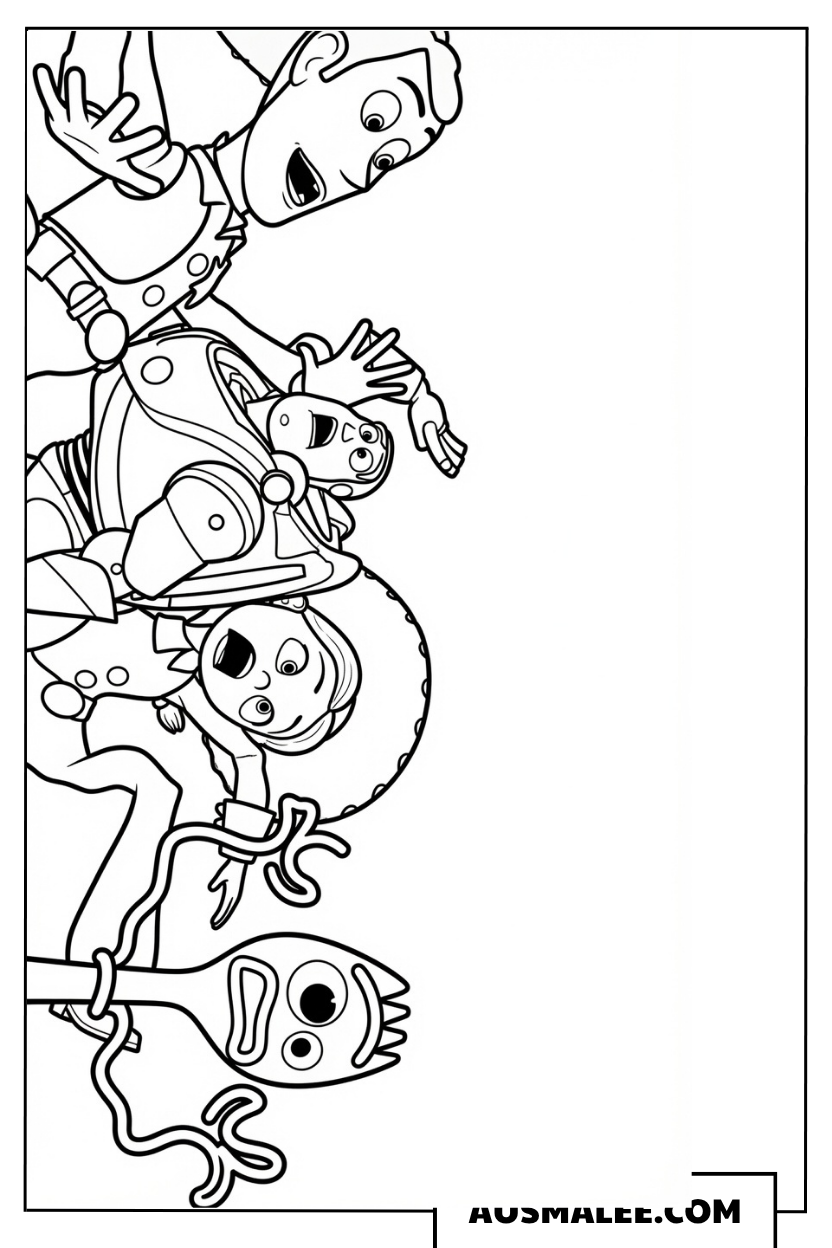 Toy Story 5 Charaktere kopfüber ausmalbild