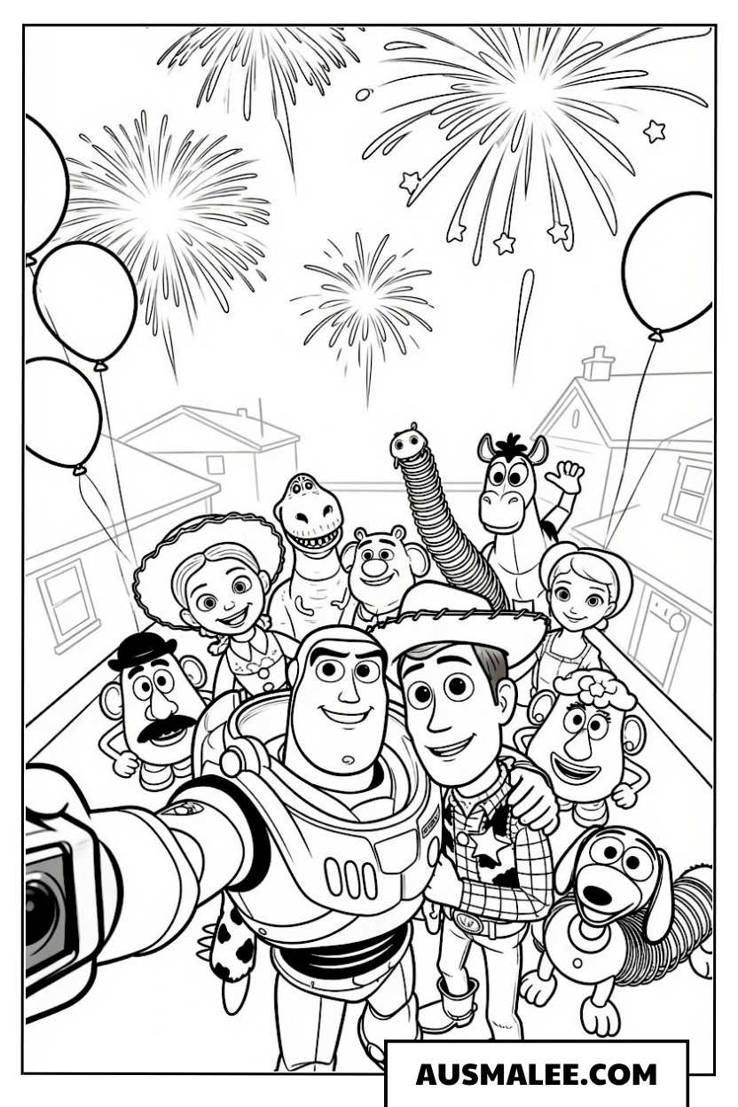 Toy Story 5 Gruppe mit Feuerwerk ausmalbild
