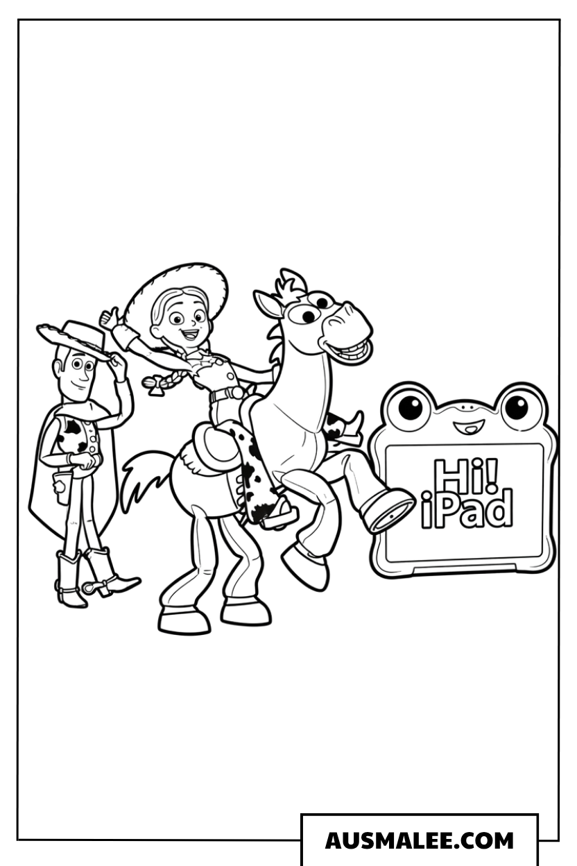 Toy Story 5 Gruppe mit iPad ausmalbild